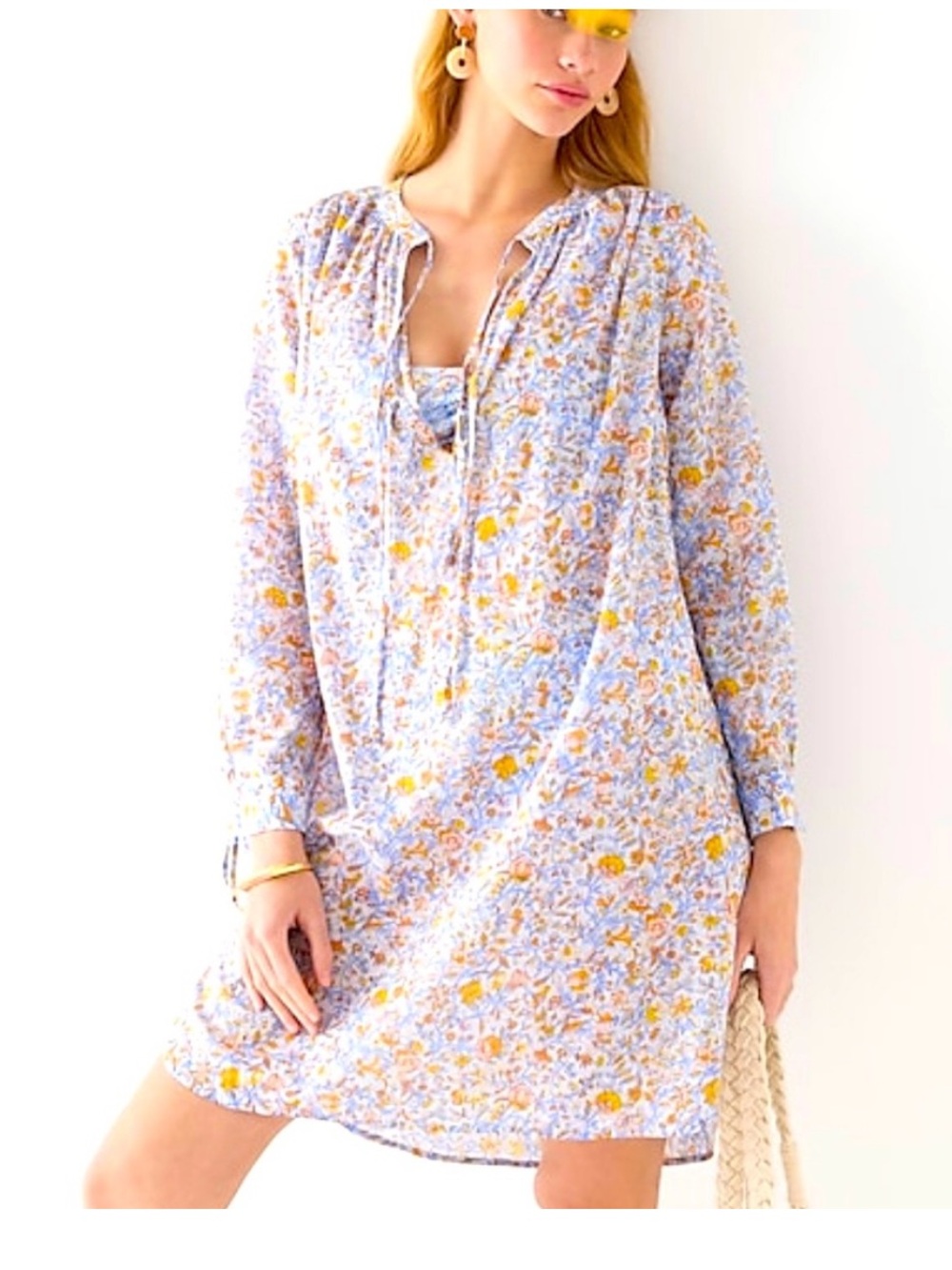 J.Crew Tie-waist Tunic Beach Dress in a blue and orange floral print